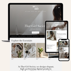 Laptop, tablet, and smartphone displaying 'That Girl Society' website on a white background