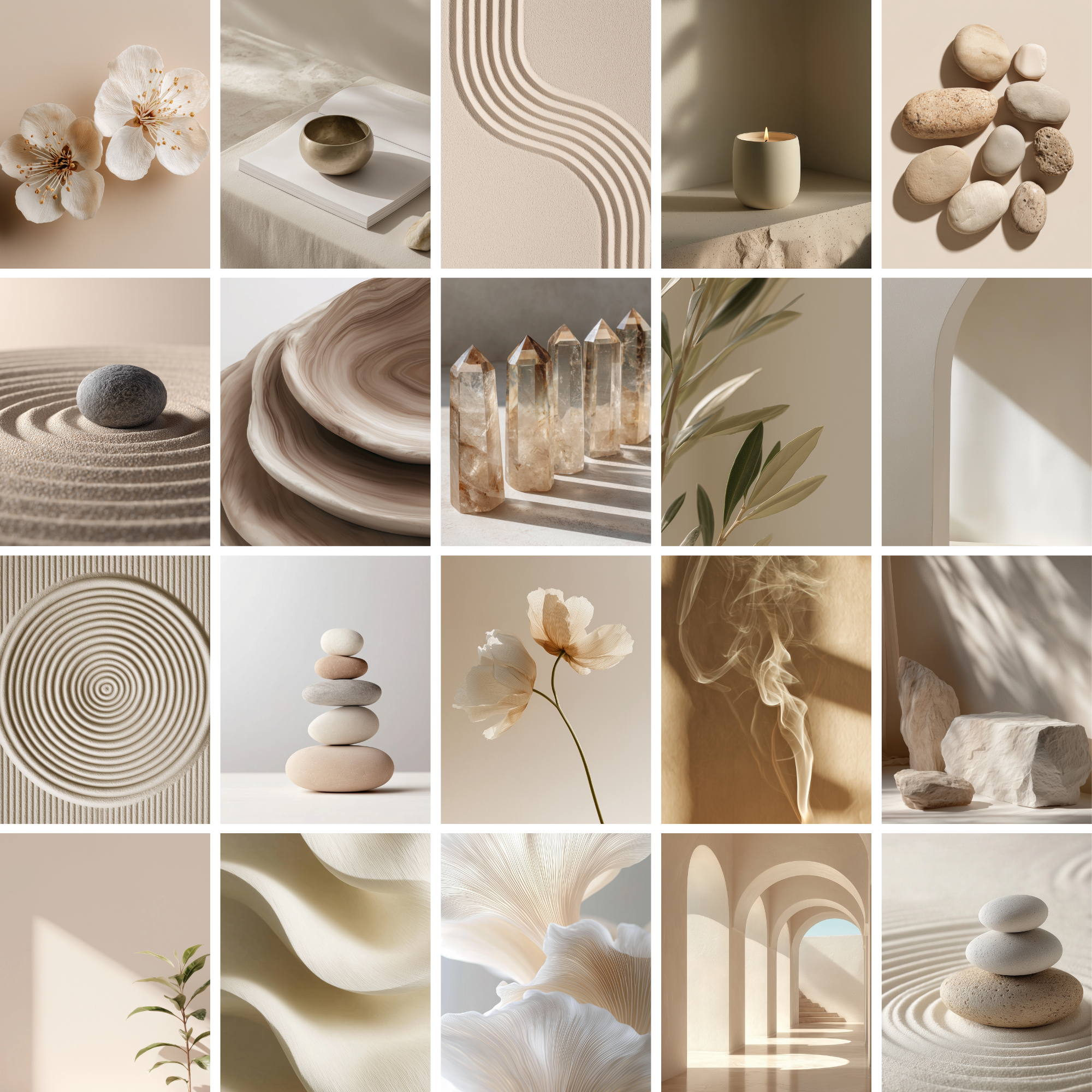 Zen wellness aesthetic stock photos crystals candles minimalist neutral tones