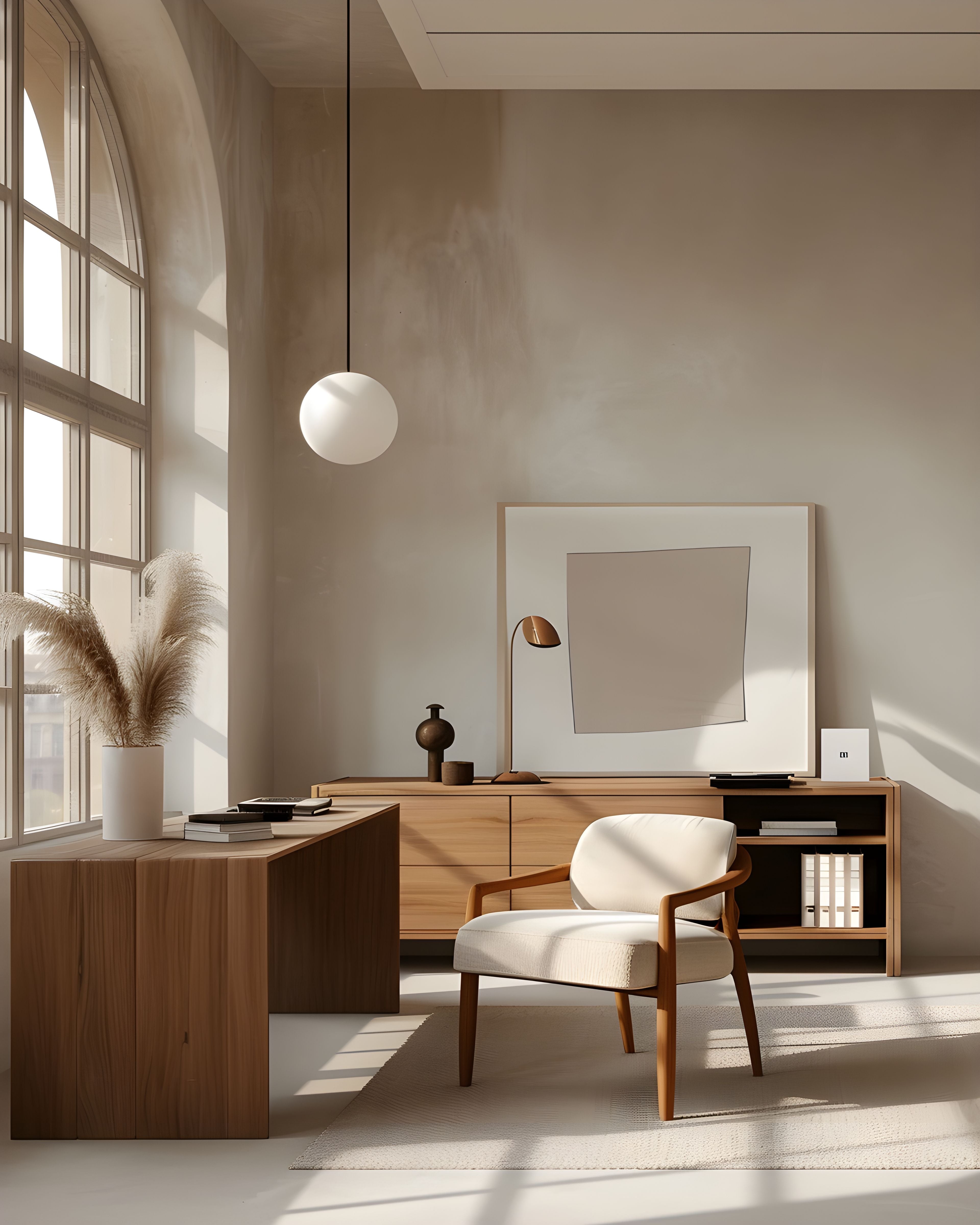 Modern office interior with wooden desk, chair, and wall art.