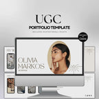 UGC Portfolio Template for Creators : Customisable Canva design with 9 pages highlighting about section, services, pricing, and work examples.