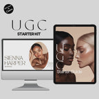 UGC Starter Kit digital product featuring a customizable portfolio template on a desktop screen and a starter guide displayed on a tablet. Ideal for UGC creators.